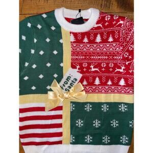 NWT Womens Lubot Red Green Christmas Print Bow Holiday Detail Sweater Size‎ S